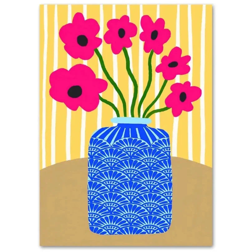 Flower Market | Vase | Nordic Floral | Magenta Blooms in Blue Patterned Vase